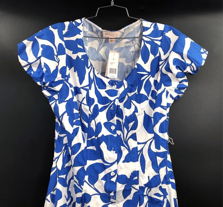 Philosophy Women's Blue White Leaf Print Button Front Cotton Midi Dress Sz L NWT