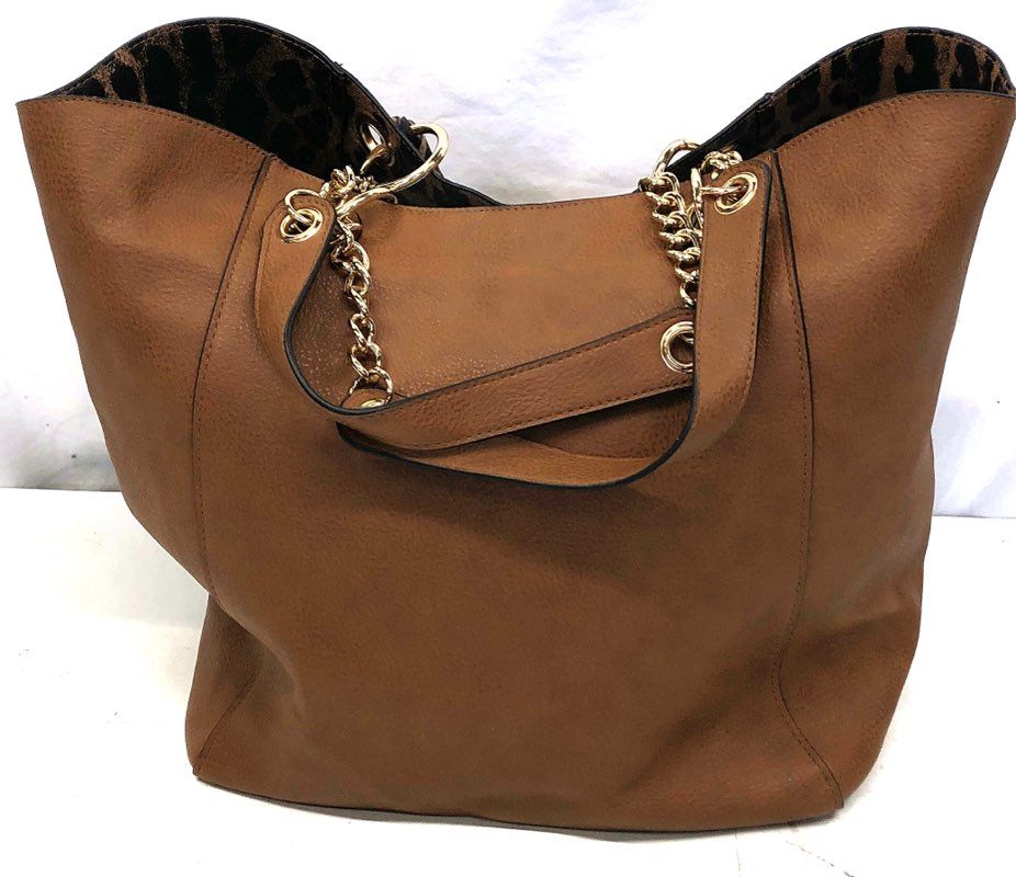 Steve Madden Light Brown Faux Leather Tote Bag Leopard Scarf Gold Chain Handles