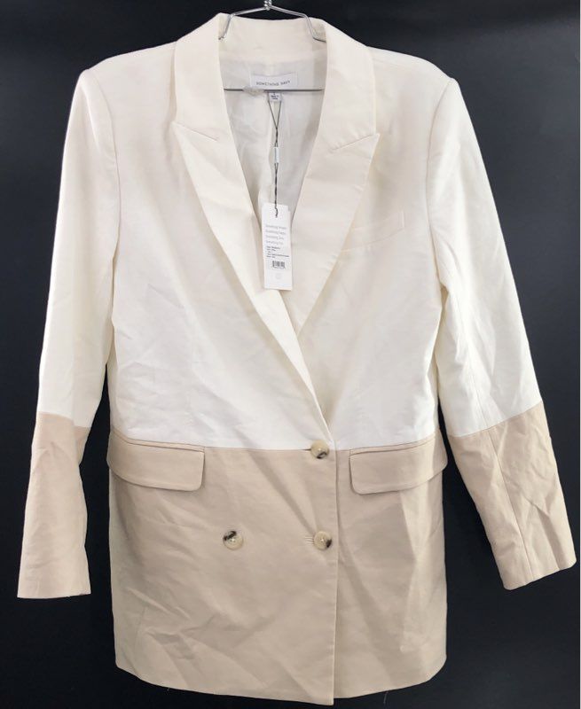 Something Navy Women's Danella Colorblock Linen Blend Blazer White Tan Sz L NWT