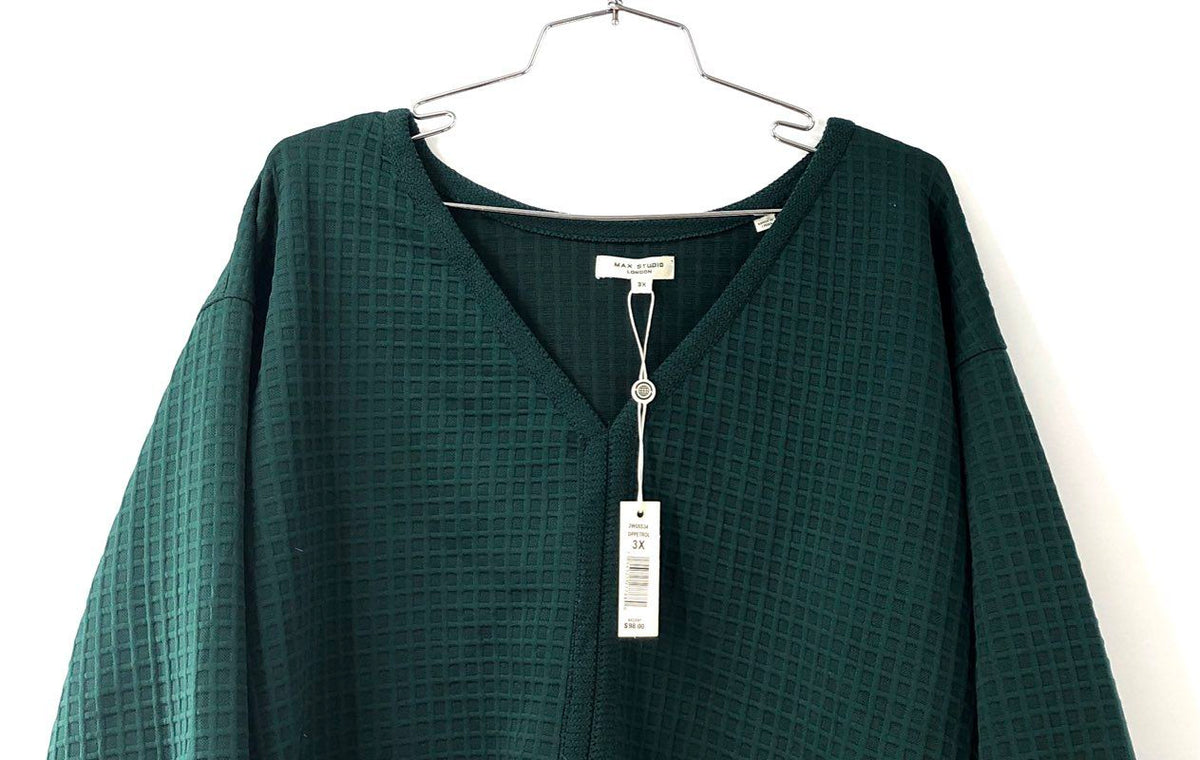 Max Studio London Women's Green Waffle Knit V-Neck Pullover Top NWT Sz 3X