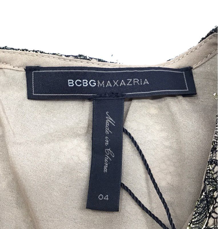 BCBG Maxazria Women's Black Gold Lace Peplum Puff Sleeve Blouse Sz 4 NWT