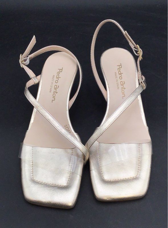 Pedro Anton Champagne Rose Vinyl Square Toe Slingback Heels Sandals Sz EU 36