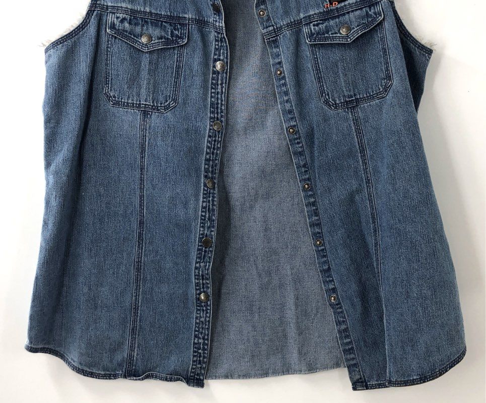 Vintage 90s Harley-Davidson Denim Cut Off Biker Vest Frayed Sleeves Sz XL