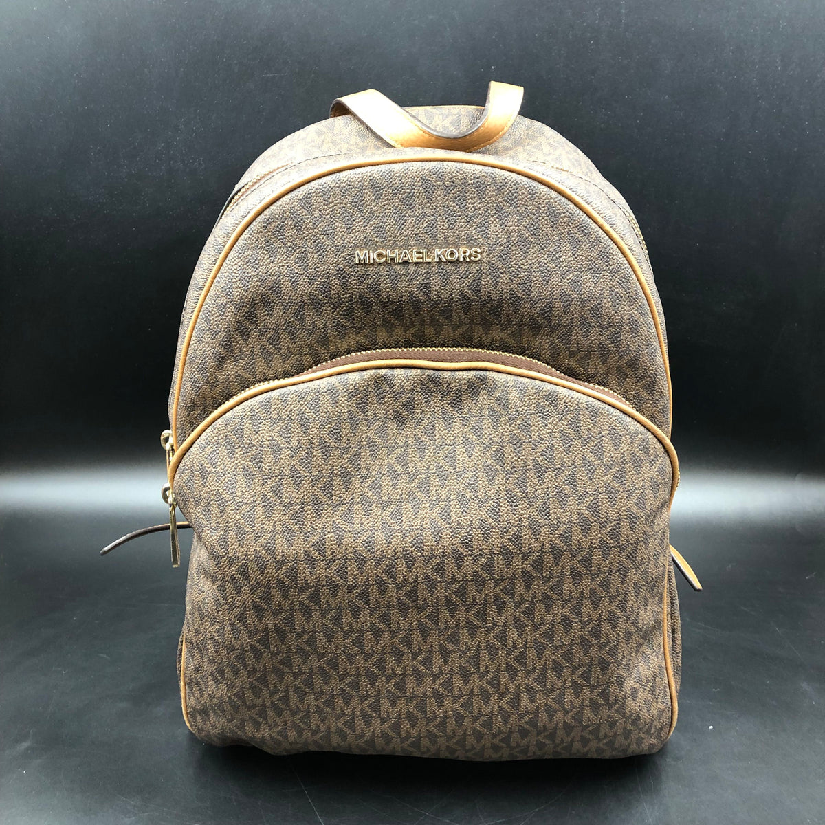 Michael Kors Brown Signature Print Pacey Backpack Gold Hardware COA