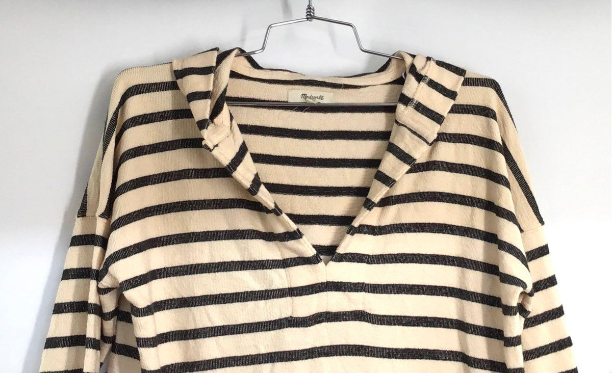 Madewell Women's Striped Hooded Pullover Shirt Cream Navy Pockets XXS