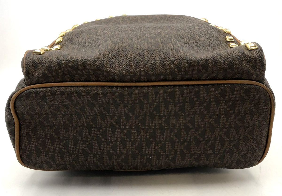Michael Kors 'Abbey' Brown Signature Print Backpack w/ Gold Studded Trim (+COA)