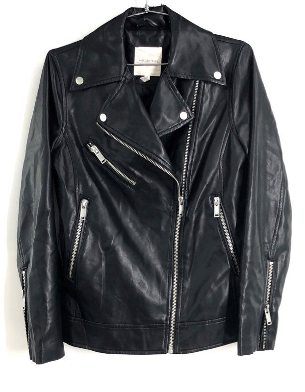 Avec Les Filles Women's Black Asymmetrical Zip Faux Leather Moto Jacket Sz XS