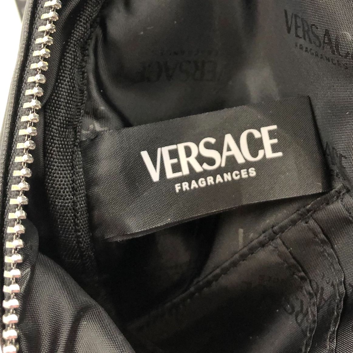 Versace Fragrances Black Fanny Pack/Belt Bag w/ Silver-Tone Hardware & Patterns