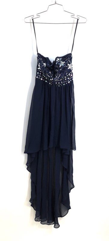 B. Darlin Women's Midnight Blue Beaded High Low Chiffon Dress Sz 3/4 NWT