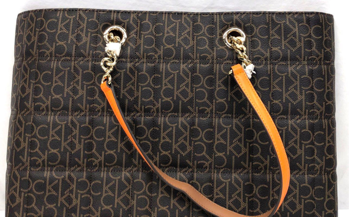Calvin Klein Brown Monogram Coated Canvas Tote Bag Orange Gold Hardware