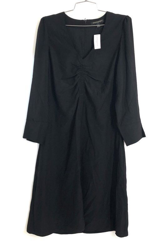 Banana Republic Women's Black Ruched V-Neck Long Sleeve Midi Dress Sz 4 NWT