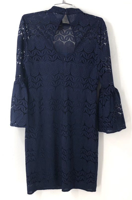 Trina Turk NWT Women's Plume Dress Navy Blue Lace Mock Neck Bell Sleeve Sz 8