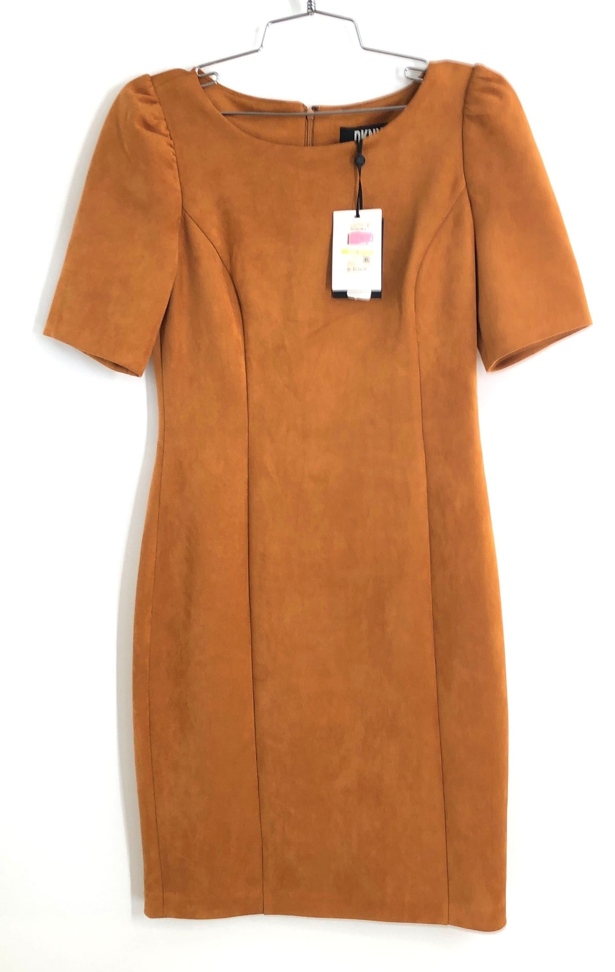 DKNY Women's Camel Faux Suede Puff Short Sleeve Sheath Mini Dress NWT Size 4