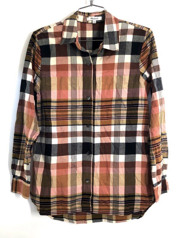 Madewell Women's Pink Brown Plaid Button Down Shirt Long Sleeve Pockets Sz XS