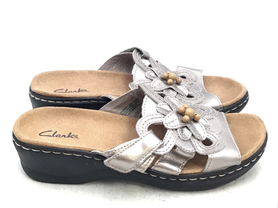 Clarks Women&#39;s Silver Black Slide Sandals And Loafer Flats - Size 6.5M Lot Of 2