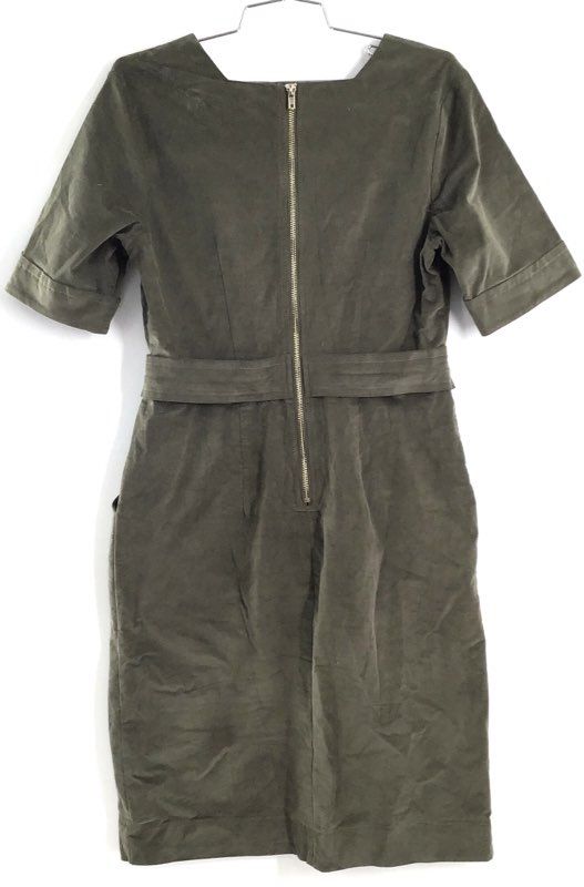 Betty Hannah Women's Olive Green Fine Corduroy Square Neck Belted Dress Size M