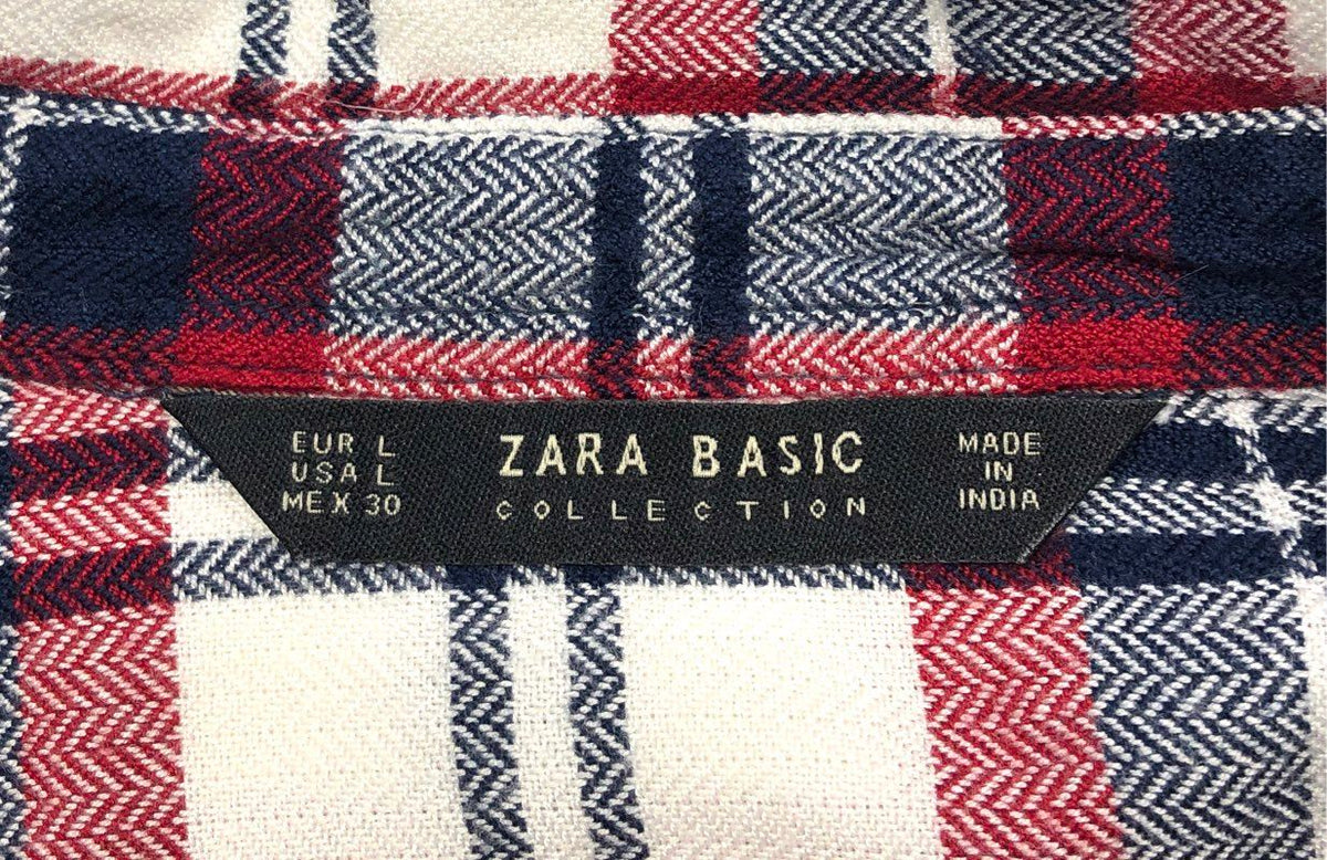 Zara Basic Women's Red Navy Blue Herringbone Plaid Flannel Shirt Studded Sz L