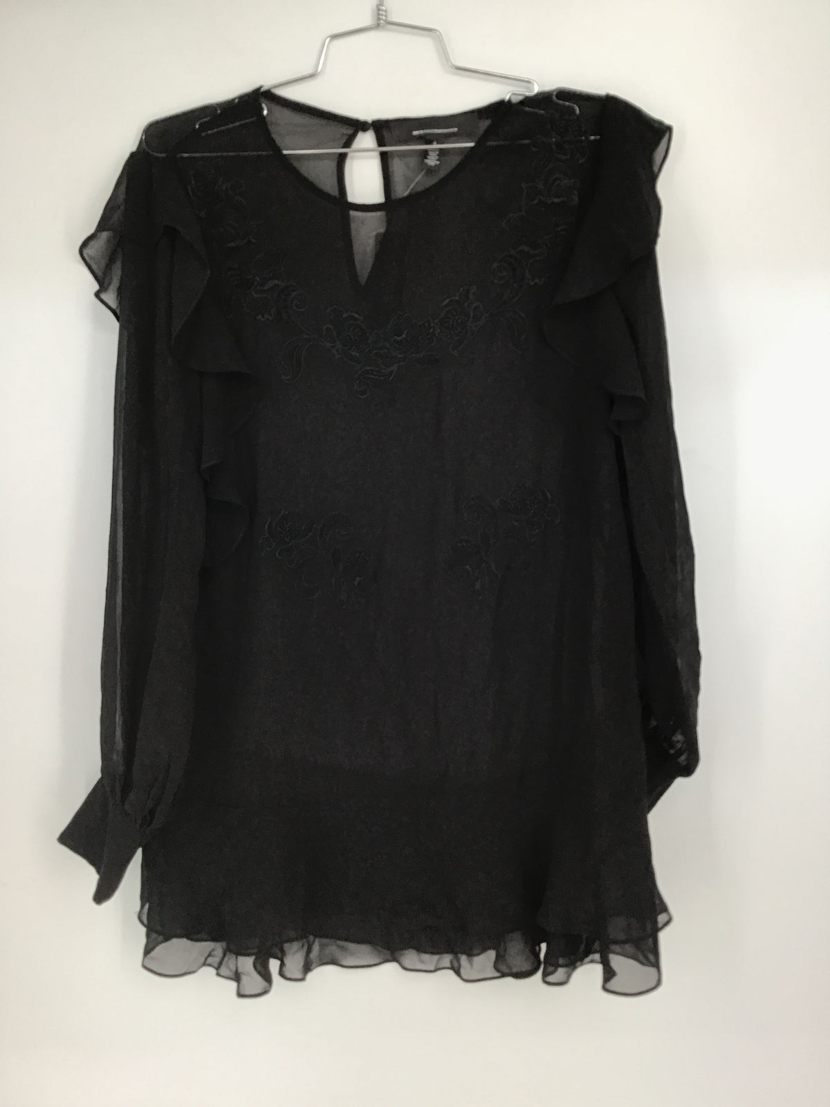 NWT White House Black Market Women&#39;s Black Long Sleeve Applique Tunic Top - Sz 4