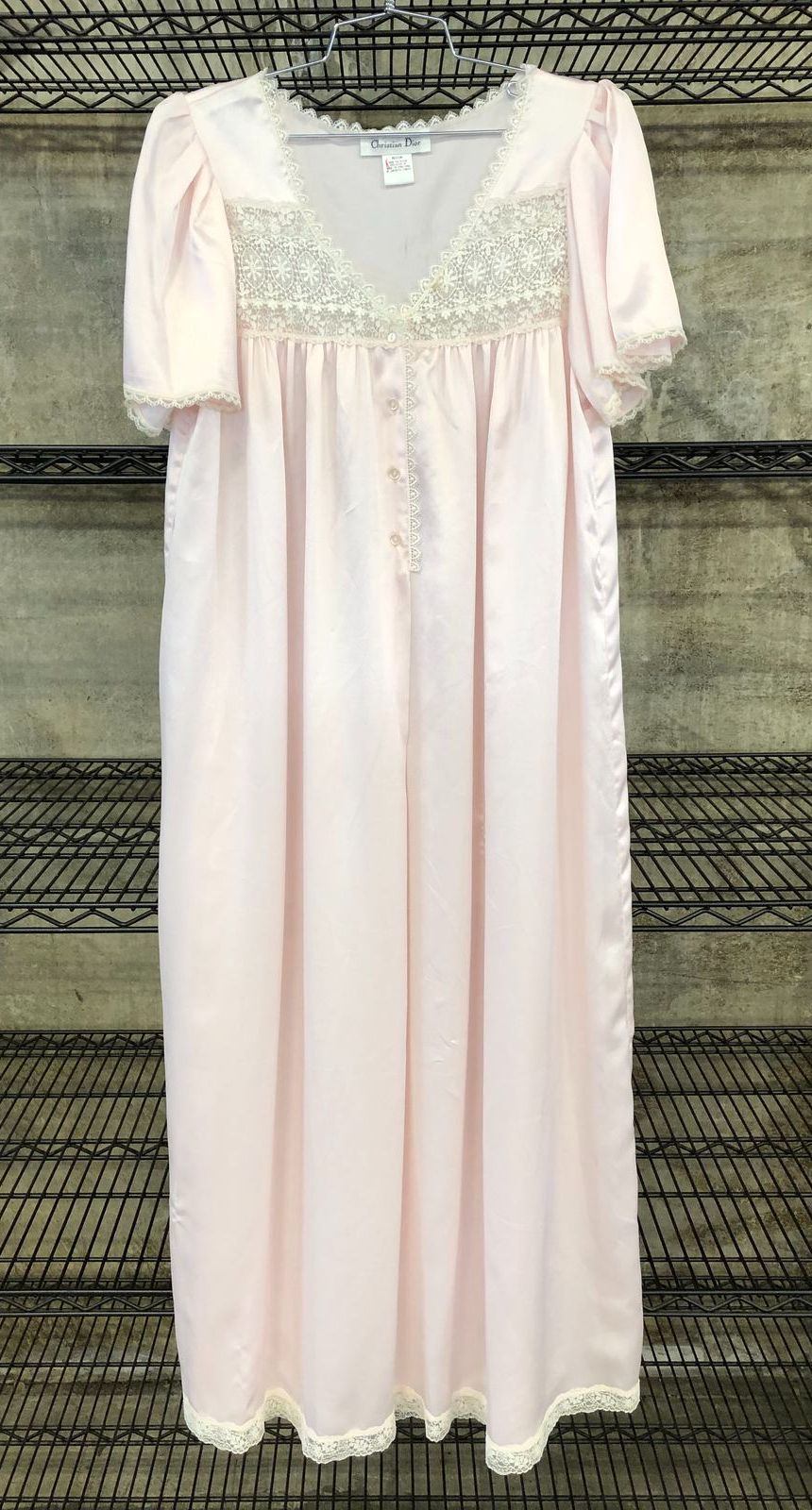 Vintage 90s Christian Dior Women's Pale Pink Lace Trim Nightgown Sz M