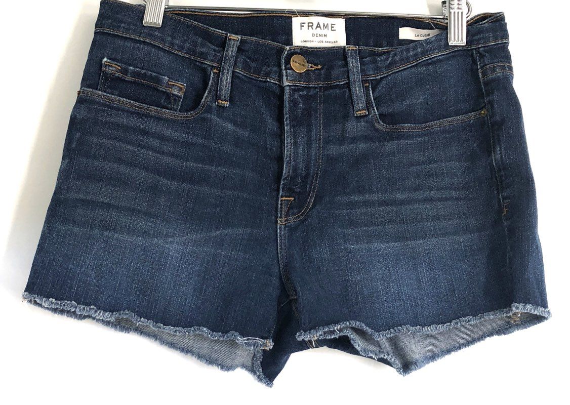 FRAME Women's Le Cutoff Denim Shorts Dark Blue Frayed Raw Hem USA Sz 27