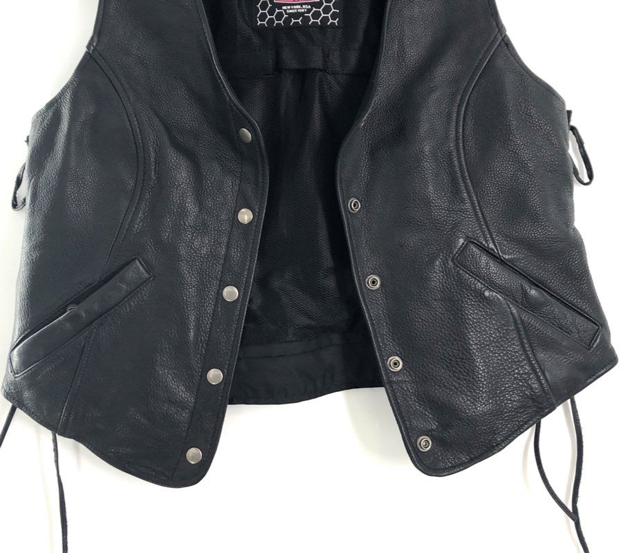 First Mfg Co Women's Black Leather Motorcycle Riding Vest Side Lace Snap Front