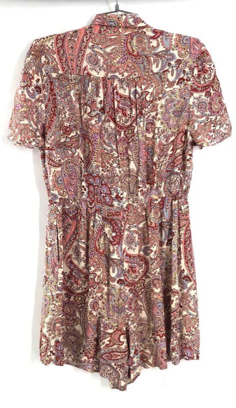 Mango MNG Women's Red Paisley Short Sleeve Half Zip Drawstring Romper Size M