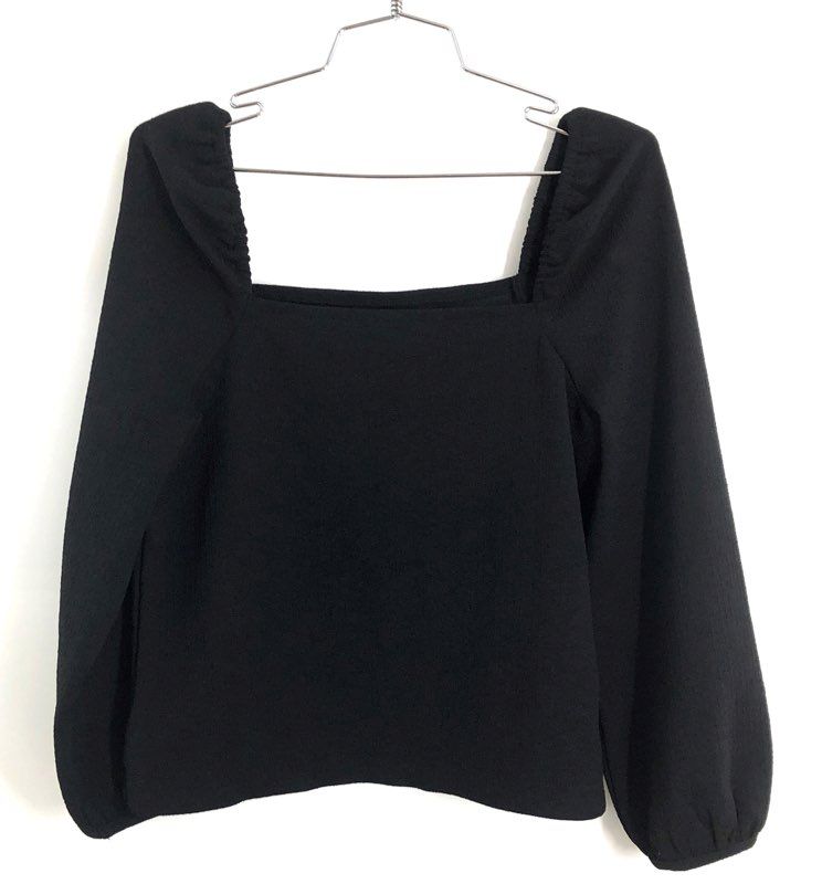 Madewell Women's Black Square Neck Puff Sleeve Textured Crepe Blouse Top Sz XS