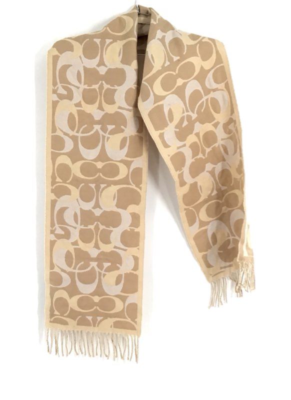 Coach Women&#39;s Ivory Beige Signature Print Merino Wool Fringe Hem Rectangle Scarf