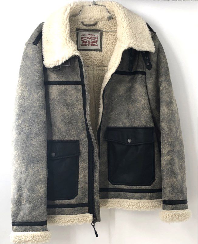 Levi Strauss Men's Gray Faux Leather Shearling Rancher Aviator Coat Sz XL
