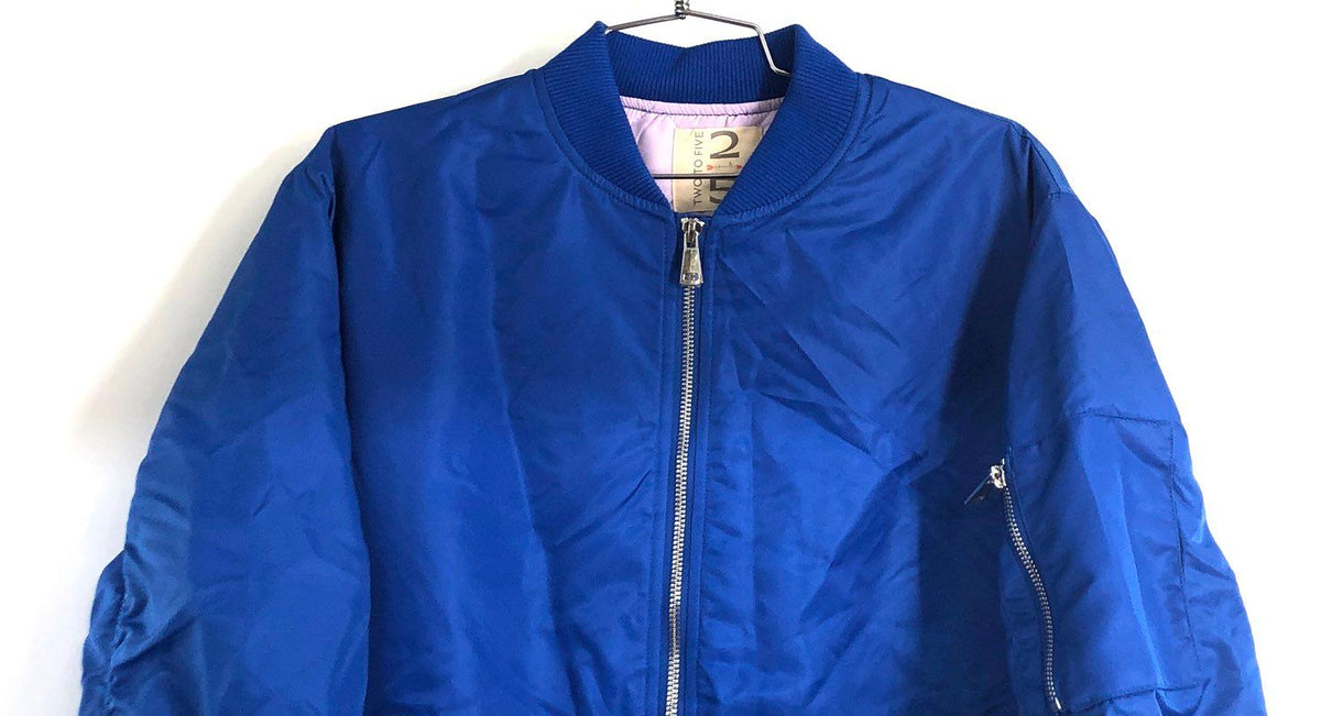 Two to Five Women's Royal Blue Ruched Sleeve Bomber Jacket Quilted Lining Sz M