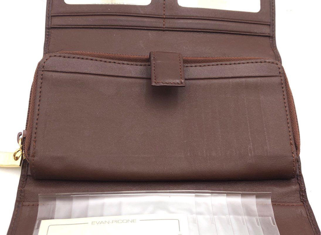 Evan-Picone Brown Leather Vintage NWT Organizer Clutch Wallet Gold Hardware