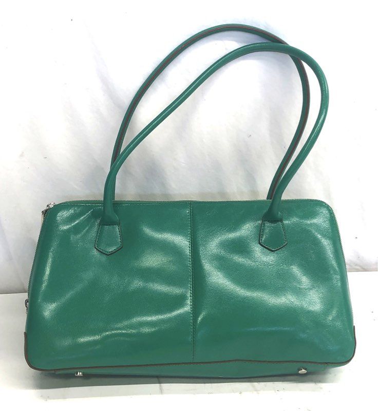 Hobo Green Leather Top Zip Shoulder Bag Handbag Silver Hardware