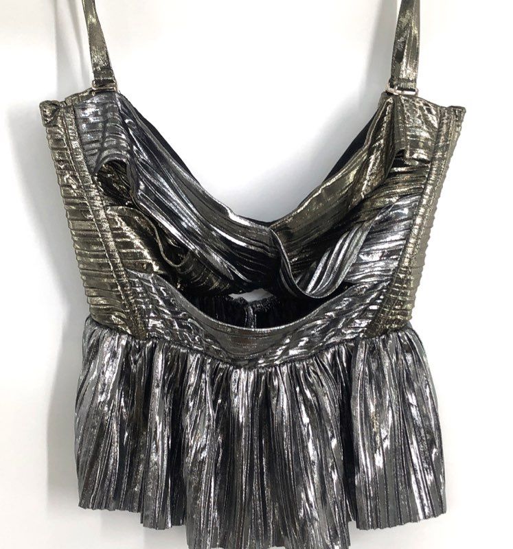 Sabina Musayev Women's Nibar Peplum Top Silver Metallic Pleated Sleeveless L NWT