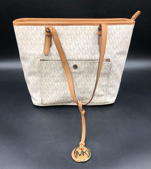 Michael Kors Ivory Brown Signature Logo Jet Set Tote Handbag COA
