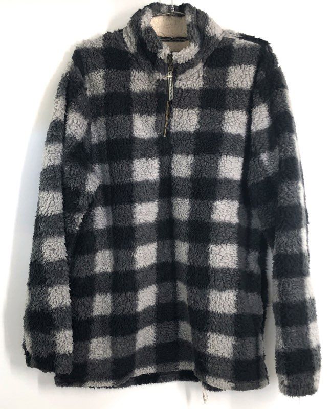 Ramatex Cabin Fever Men's Gray Black Buffalo Plaid Sherpa Pullover Fleece Sz M