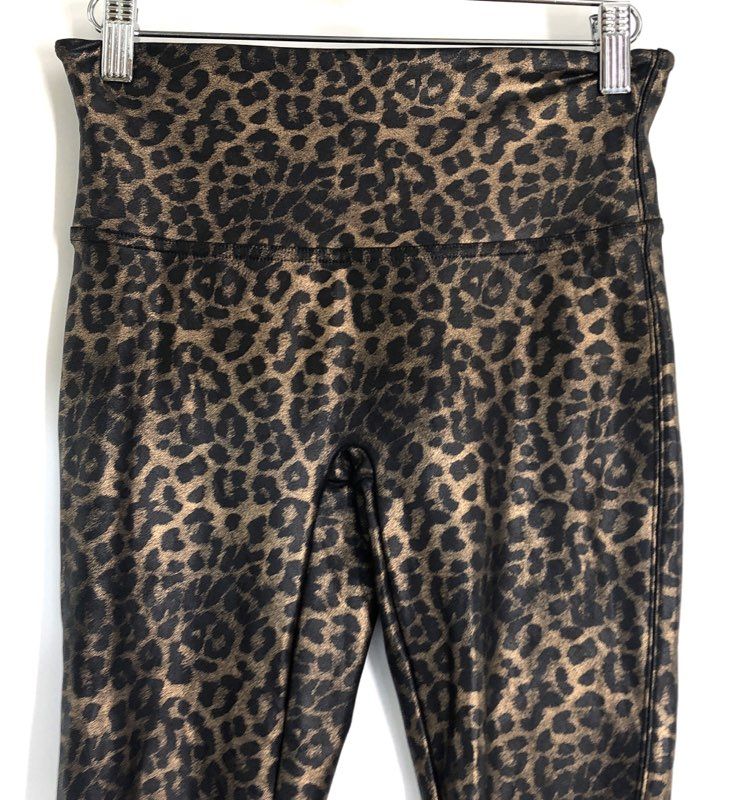Spanx Women's Bronze Black Leopard Print Faux Leather Leggings Sz M Petite