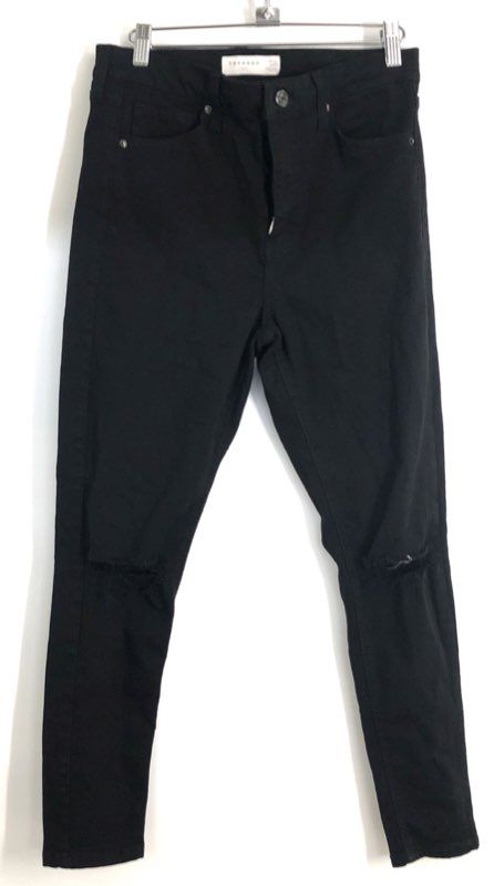 Topshop Women's Jamie High Rise Skinny Jeans Black Ripped Knee Size W30 L30