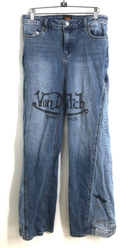 Von Dutch Kids Blue Originals Graphic Panel Wide Leg Jeans Sz 16