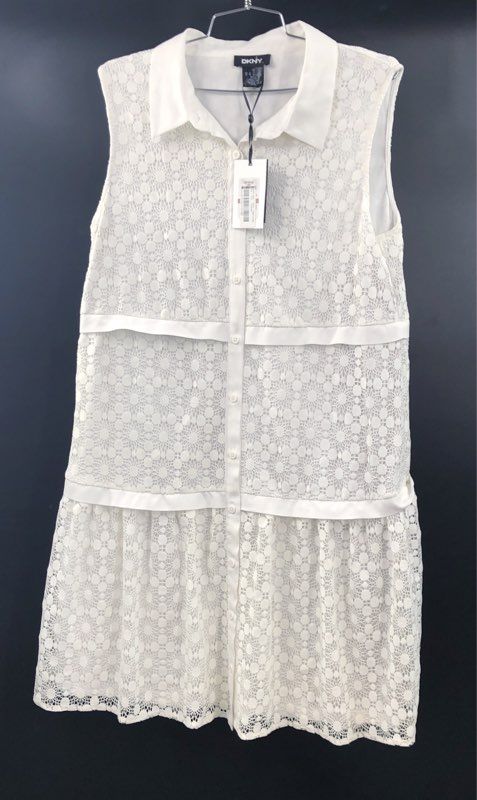 DKNY Women's White Sleeveless Lace Tiered Button Down Shirt Dress NWT Sz 12