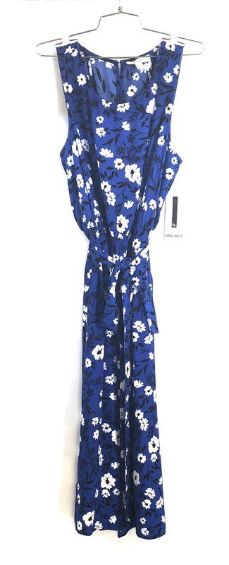 Nine West Women's Blue Floral Sleeveless Maxi Dress with Tie Waist NWT Sz 12