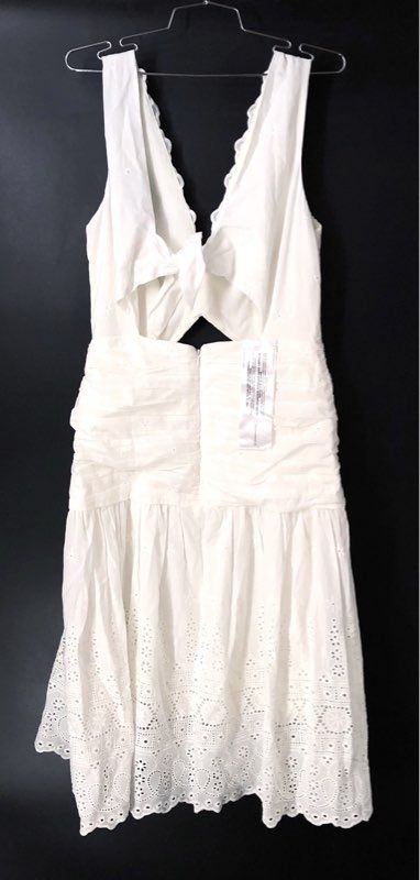 BCBGMAXAZRIA Women's Off White Eyelet Cutout V-Neck Midi Dress Sz 12 NWT