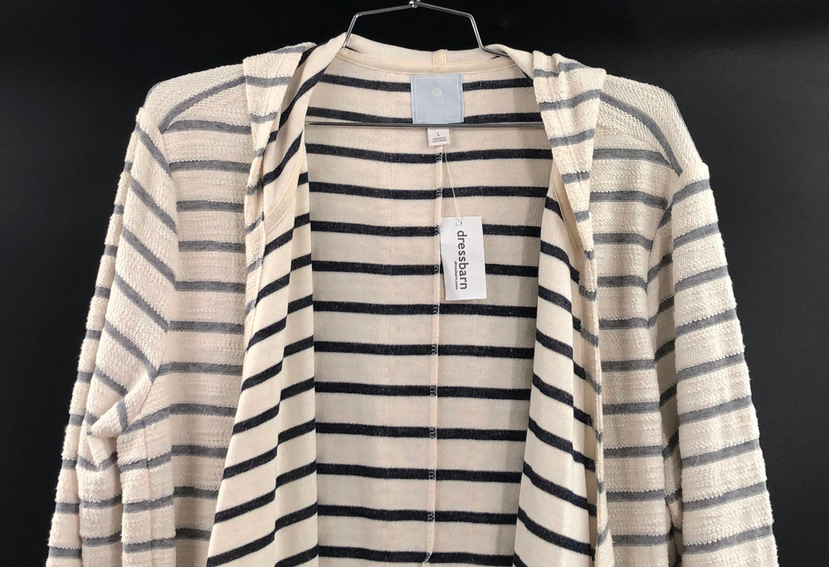 Dressbarn Sunday Women's Striped Hooded Cardigan Crochet Lace Back Sz L NWT
