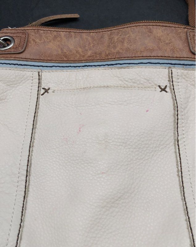 The Sak Cream Pebbled Leather Crossbody Bag Brown Trim Adjustable Canvas Strap