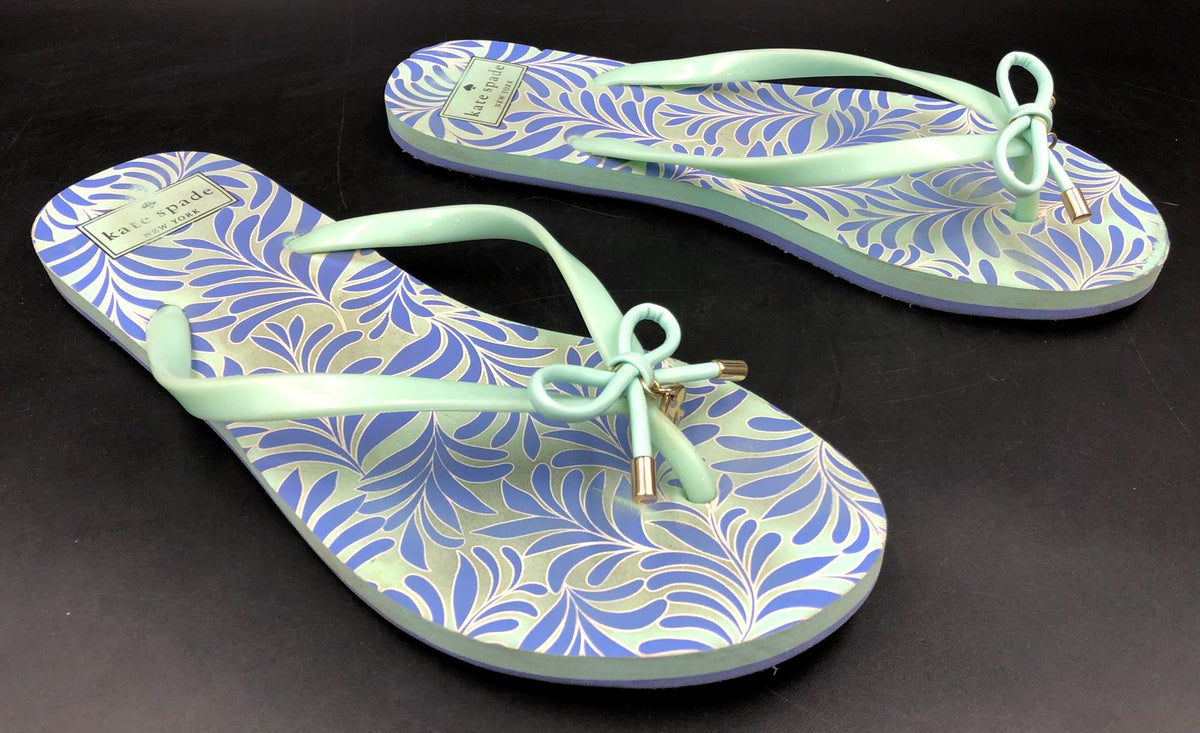 Kate Spade Women&#39;s Blue/Teal Floral Print Flip Flop Sandals - Size 10 (+COA)