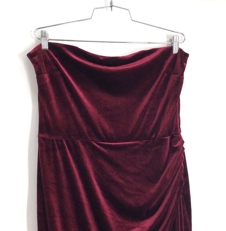 BHLDN Women's Red Berry Velvet Strapless Gown High Slit Floor Length NWT Sz XL