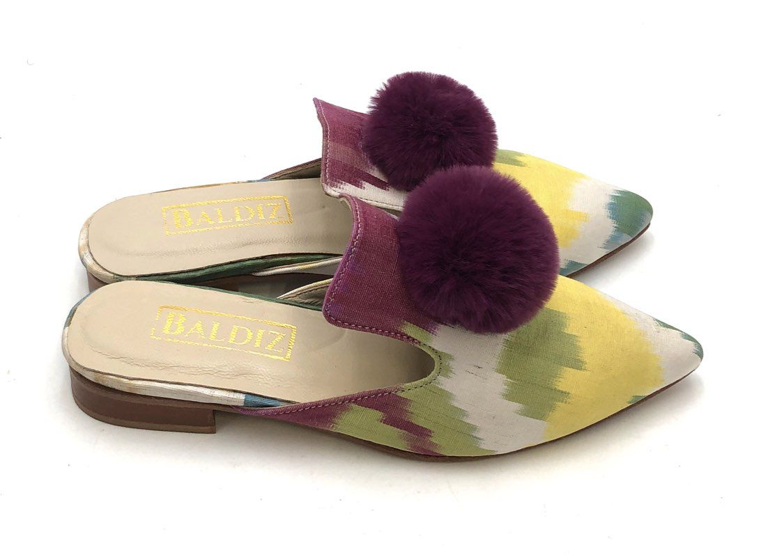 Baldiz Amelia Slide Multicolor Ikat Plum Pom Pom Silk Mules Flats Size EU 36