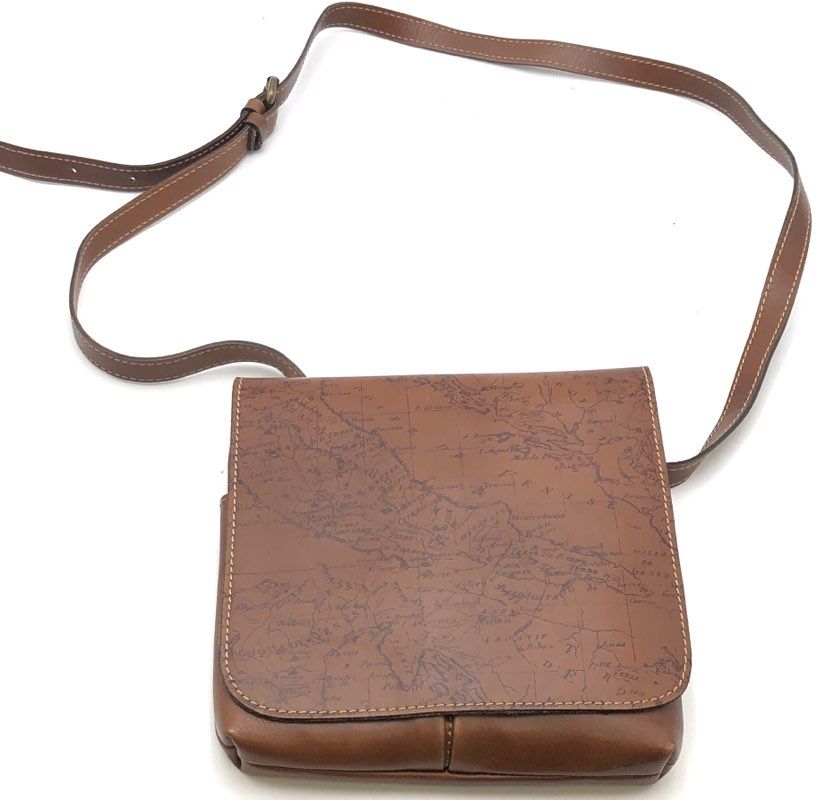 Patricia Nash Brown Leather Italian Map Print Crossbody Flap Messenger Bag