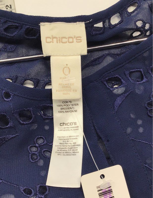 Chico's Women's Navy Blue Eyelet Broderie Anglaise Open Front Topper Jacket Sz 0