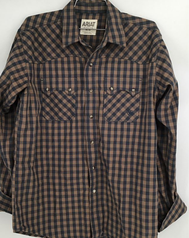 Ariat Men&#39;s Brown Black Check Button-Up Shirt - Size M