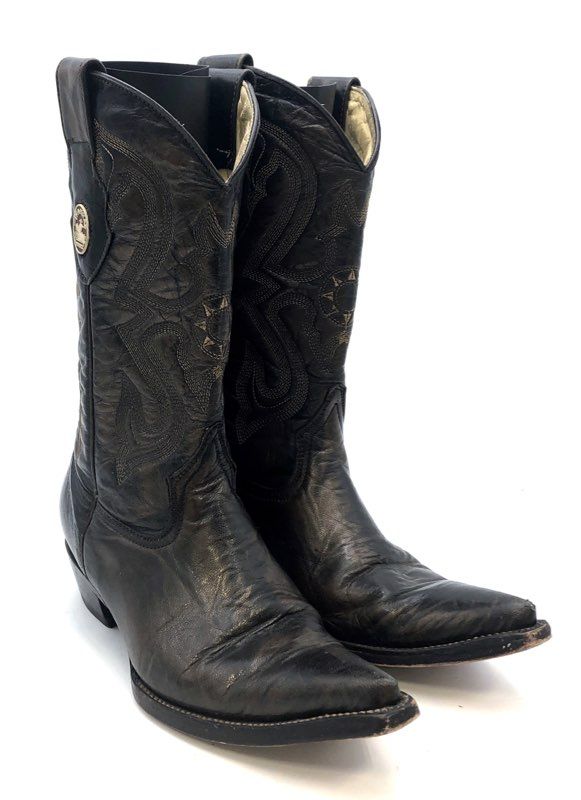 Las Trampas Black Leather Pointed Toe Stitched Western Cowboy Boots Size 8